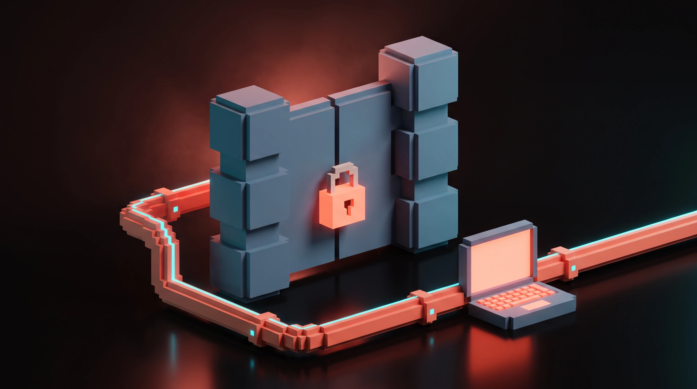 Shadow IT in voxels, a coral bypass pipe curving around a locked slate gate to a personal laptop, the unofficial workaround that appears the moment a company cap punishes the people doing careful work.