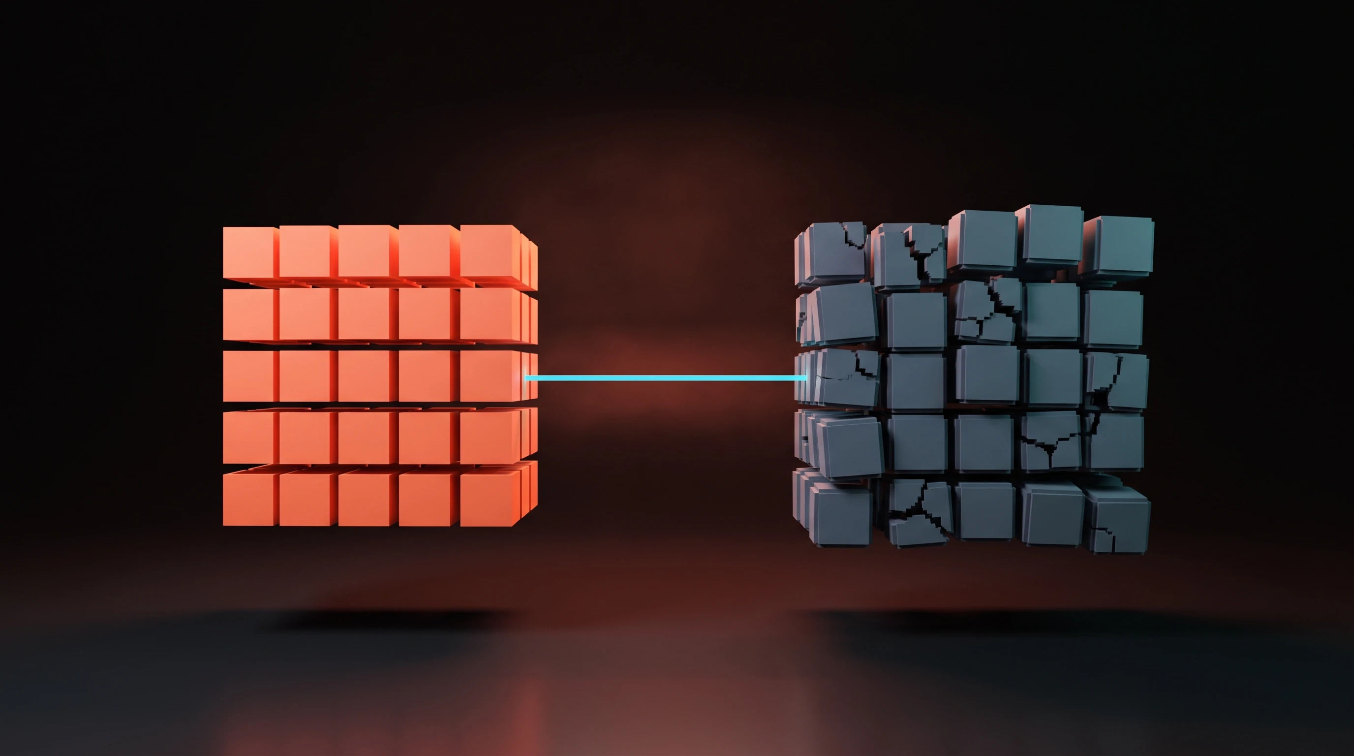Design rot in voxels, a bright intact coral block on the left and a starved slate block crumbling apart on the right, fed by the same thin cyan line, the picture of work that still passes review while it quietly degrades.