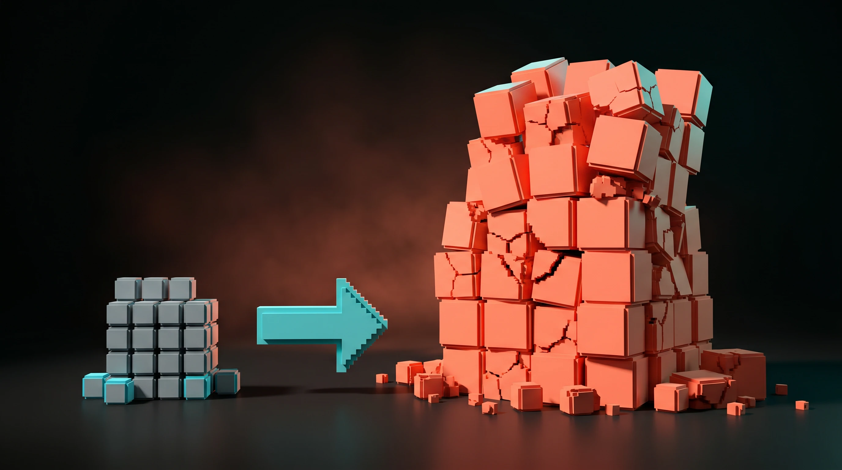 The false economy of a blunt cap in voxels, a small slate stack of token savings dwarfed by a large crumbling coral pile of rework, the trade a dumb cap actually makes.