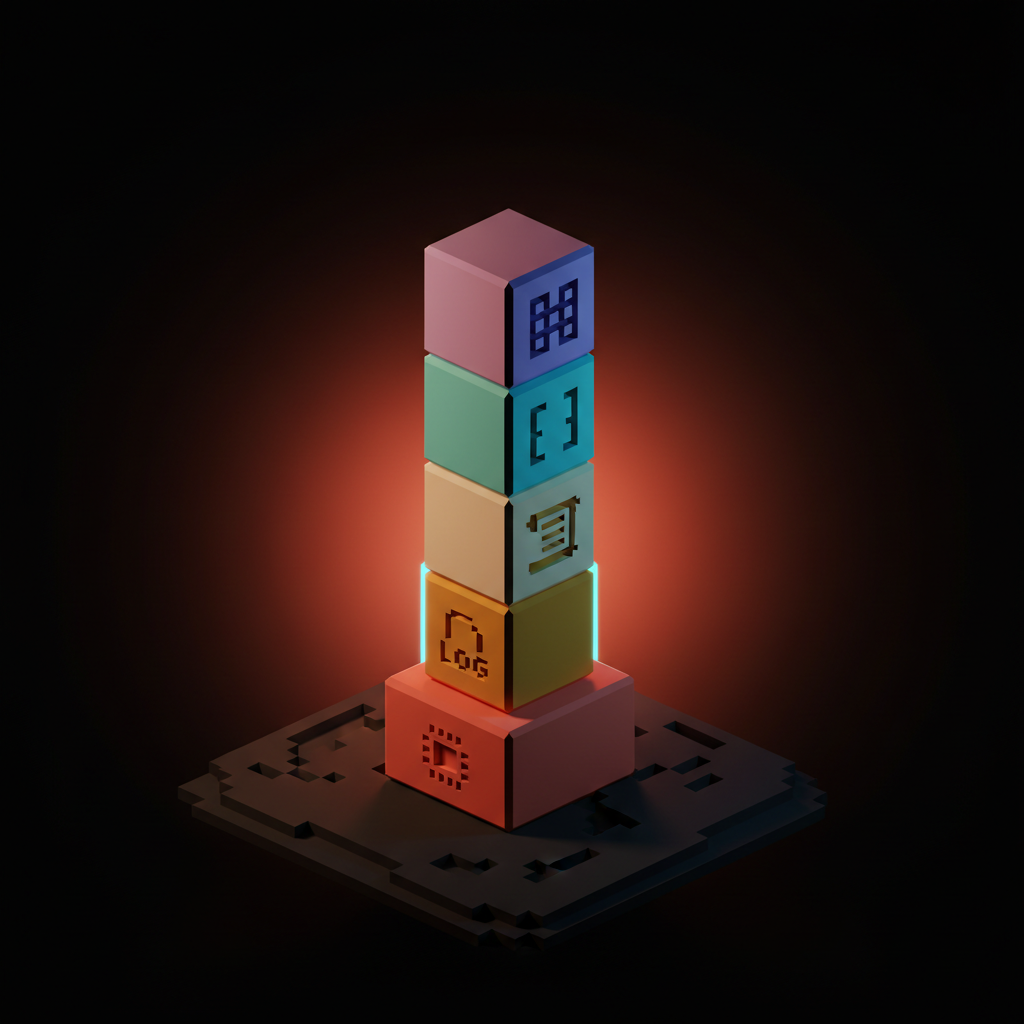 Voxel composition of a vertical stack of five heavy blocks on the studio floor in coral amber cream cyan and soft violet, single-word etched labels reading SHIP LOG WRITE CODE TRAIL