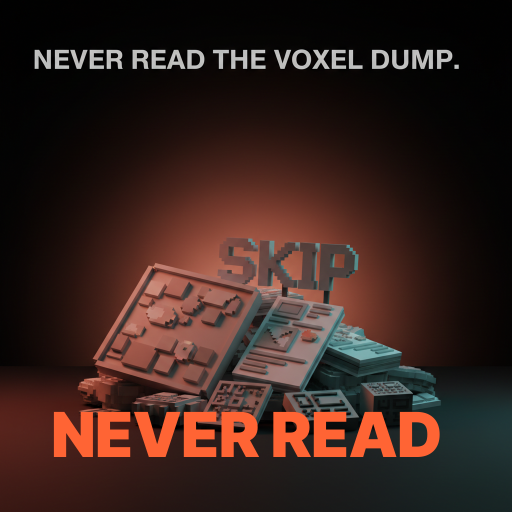 Voxel composition of a jumbled pile of small voxel artifacts on the studio floor in greyed muted tones, with a small SKIP sign etched on a voxel marker stuck in the top of the pile, dark studio with subtle coral haze