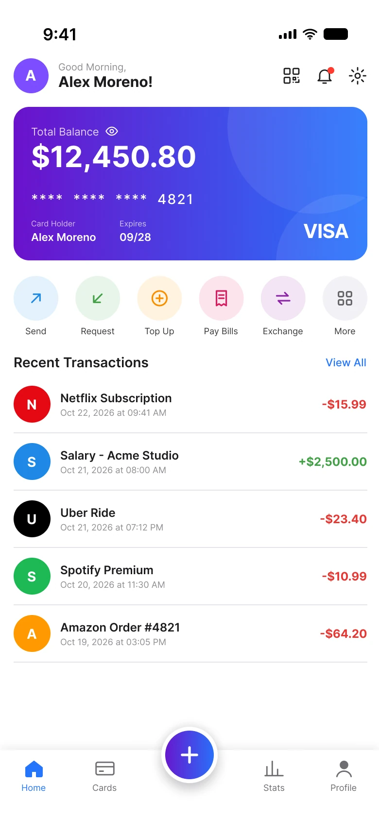 صفحه اصلی بانکی با کارت گرادیانی بنفش به آبی که موجودی، شماره کارت و لوگوی VISA را نشان می‌دهد، شش دایره رنگارنگ اقدام، فهرست تراکنش‌ها با مبلغ‌های قرمز و سبز و یک دکمه شناور بعلاوه در نوار تب
