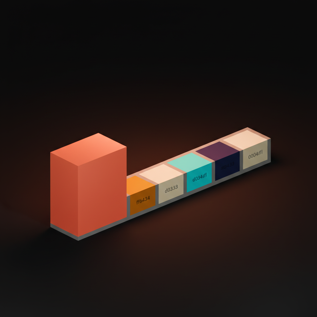 Voxel diagram of a horizontal bento layout with a coral-orange anchor cell on the left, three medium supporting cells in the center, and two small accent cells on the right, arranged on the dark studio floor with thin neutral gutter rules between cells