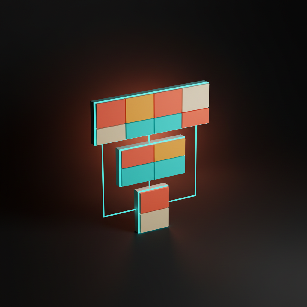 Voxel composition of three stacked horizontal bento layouts on the studio floor, viewed at a slight three-quarter angle, showing a wide six-cell desktop layout, a four-cell two-column tablet layout, and a single-column stack of three larger cells for mobile, each row using the same coral, amber, cream, and cyan palette