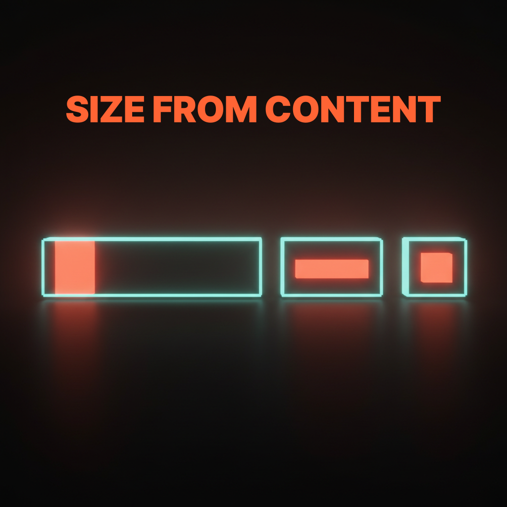 Voxel composition of three small bento cells of different sizes on the studio floor, each holding a different abstract content shape inside, suggesting cell size scales with the weight of the content inside it