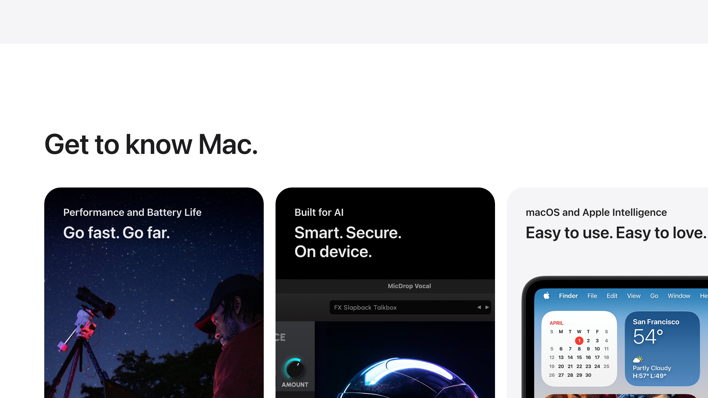 Apple's Mac product page in 2026: one dominant feature cell, smaller supporting cells on the same dark grid, shared radius and padding. This is the current benchmark