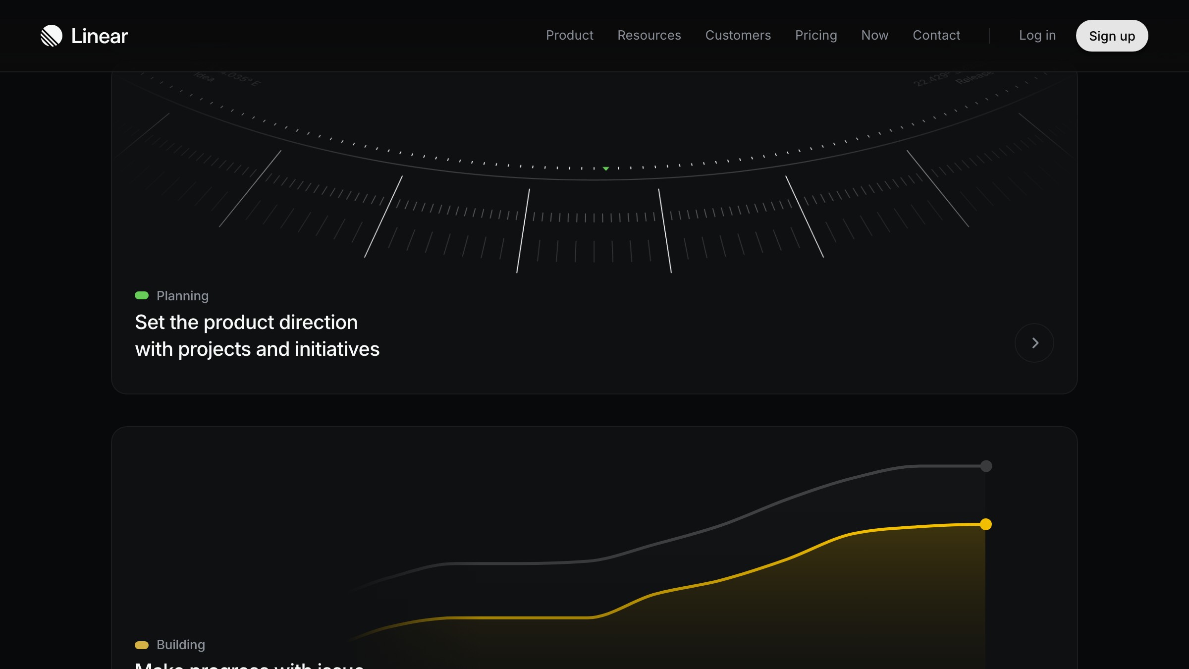 Linear's features page in 2026: each feature section is its own bento with a dominant hero cell and monospace labels. Restraint is the aesthetic