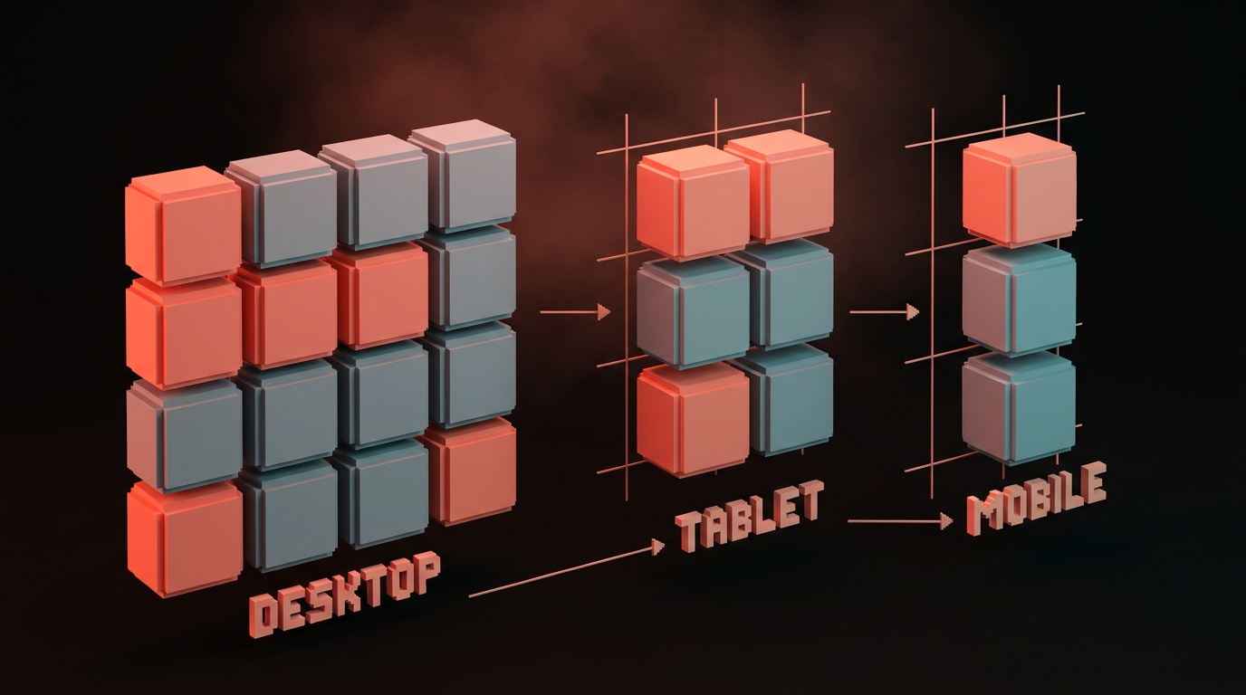 The same bento grid shown at desktop, tablet, and mobile breakpoints, with the re-flow pattern visible and cell order annotated