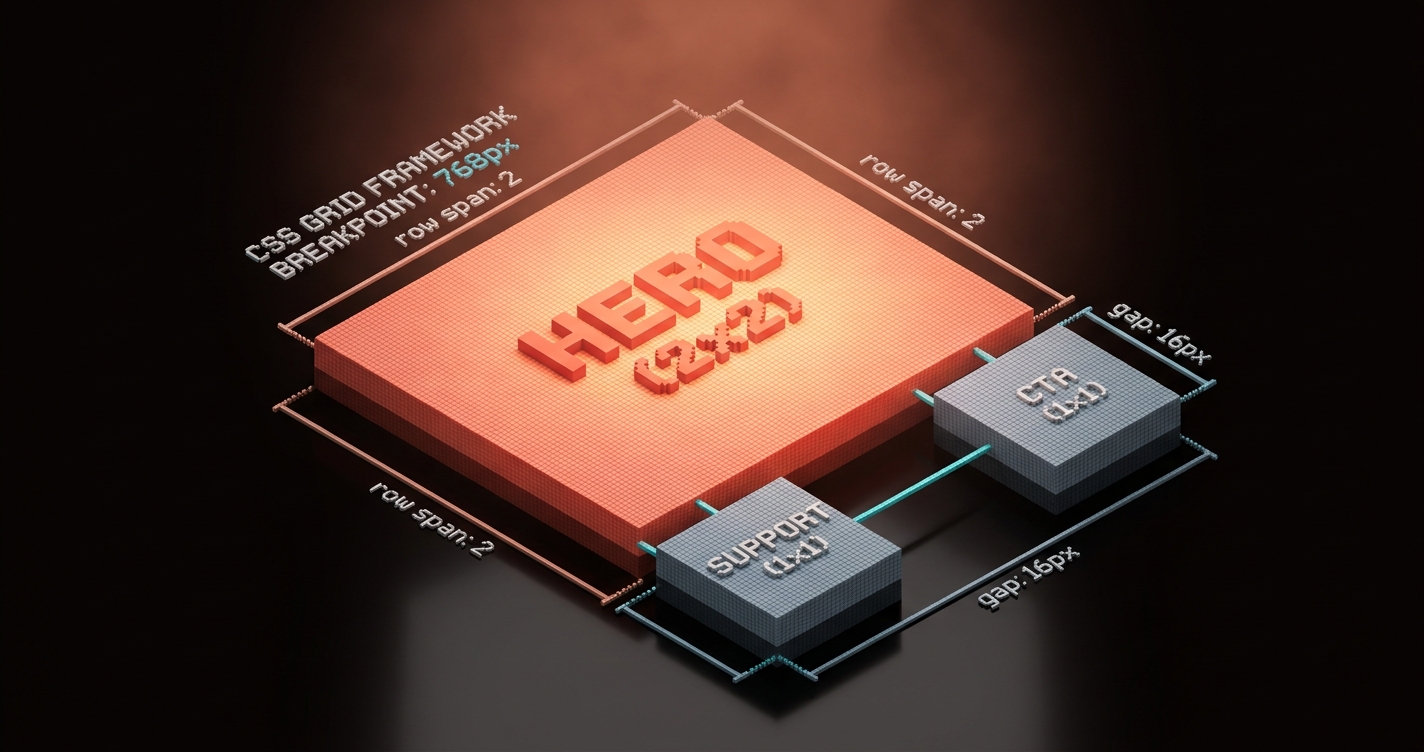 A labeled CSS Grid diagram showing how bento cells decompose into spans and rows, with measurements and breakpoints annotated