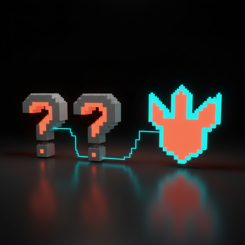 Voxel funnel showing many brand options narrowing down to one committed archetype decision.