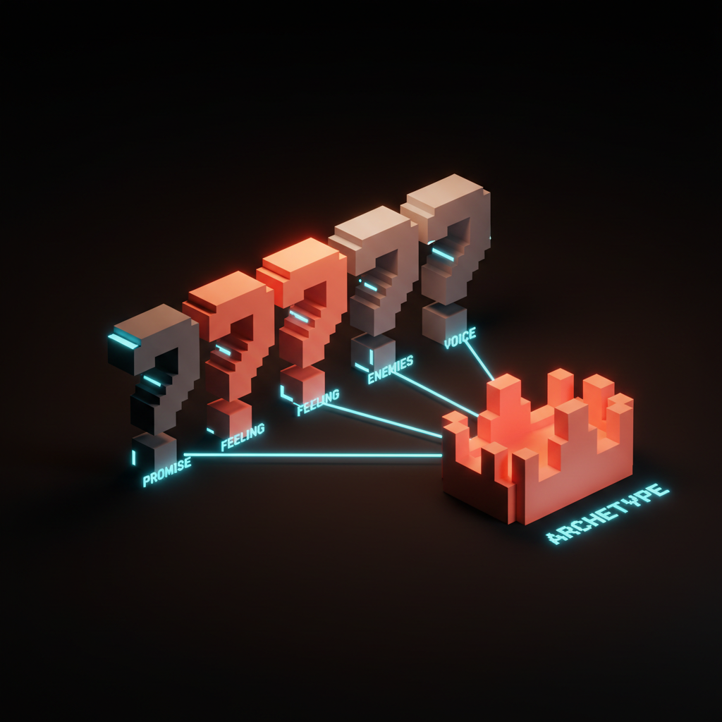 Voxel decision tree showing four archetype-choosing questions branching toward a single selection.
