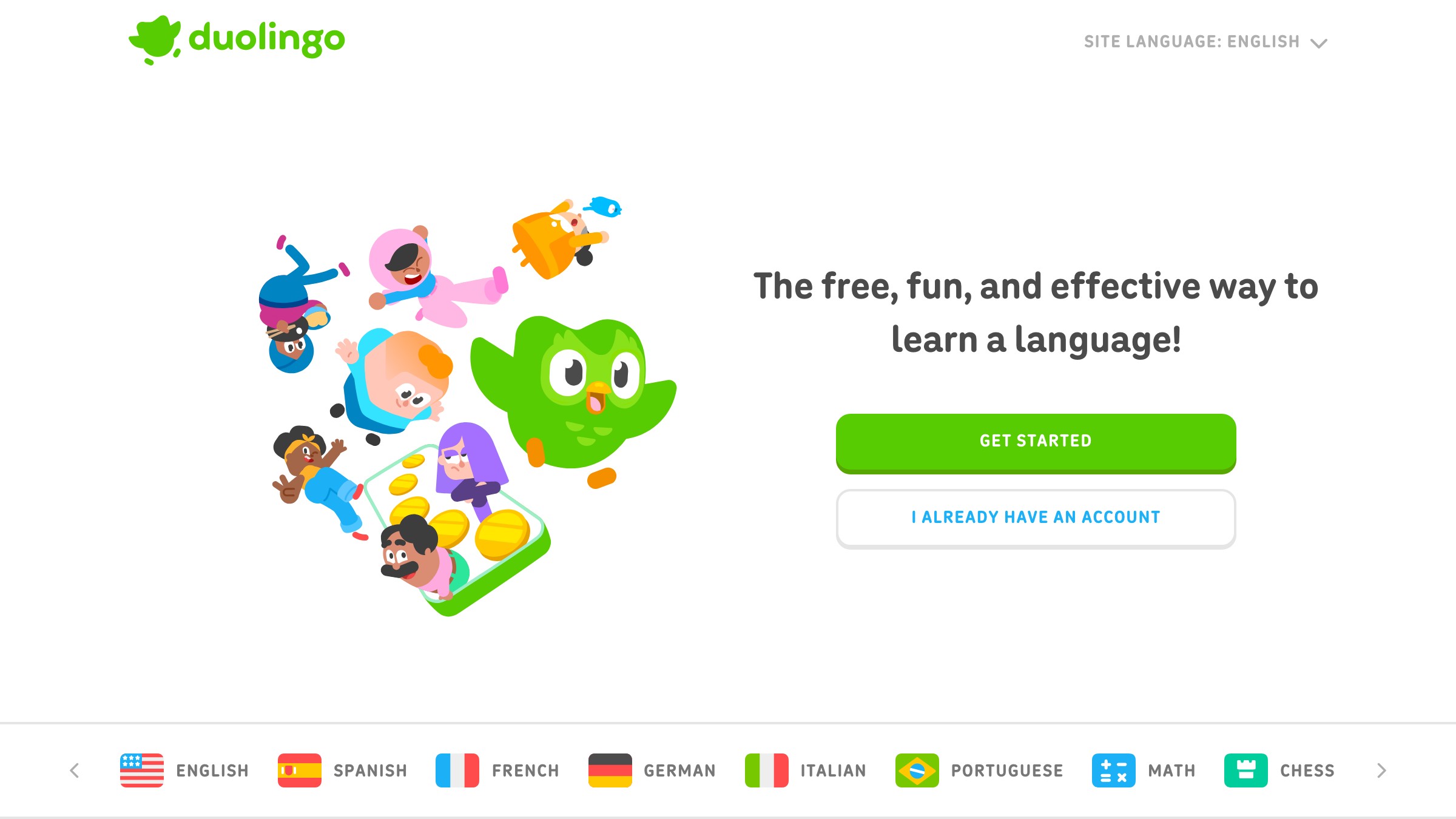 Duolingo homepage using its mascot and irreverent copy to deliver the Jester archetype voice.