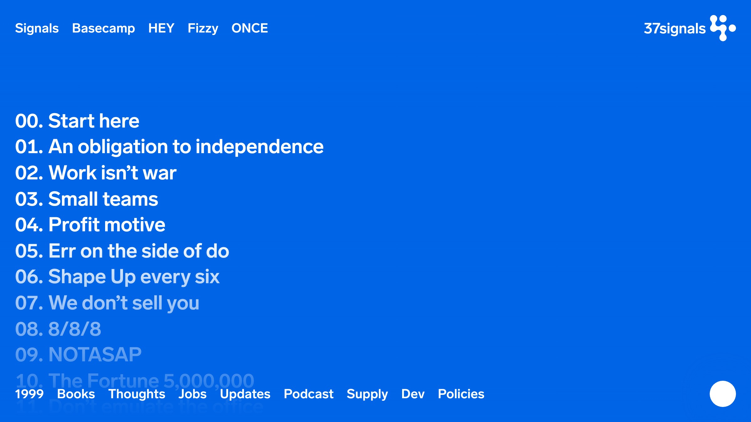 37signals homepage leading with anti-corporate manifesto copy to claim the Outlaw archetype.
