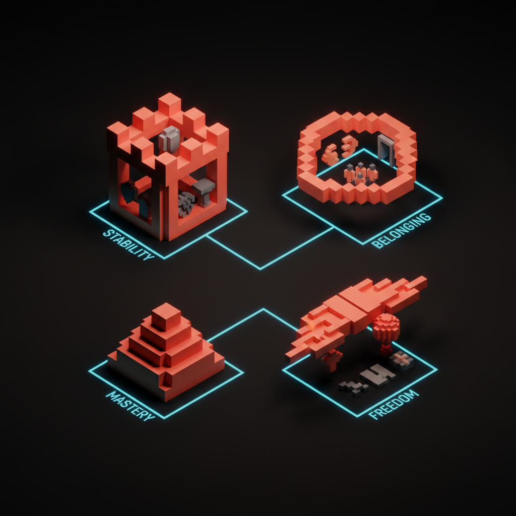 Voxel cluster map showing four motivational families each containing a group of brand archetypes.