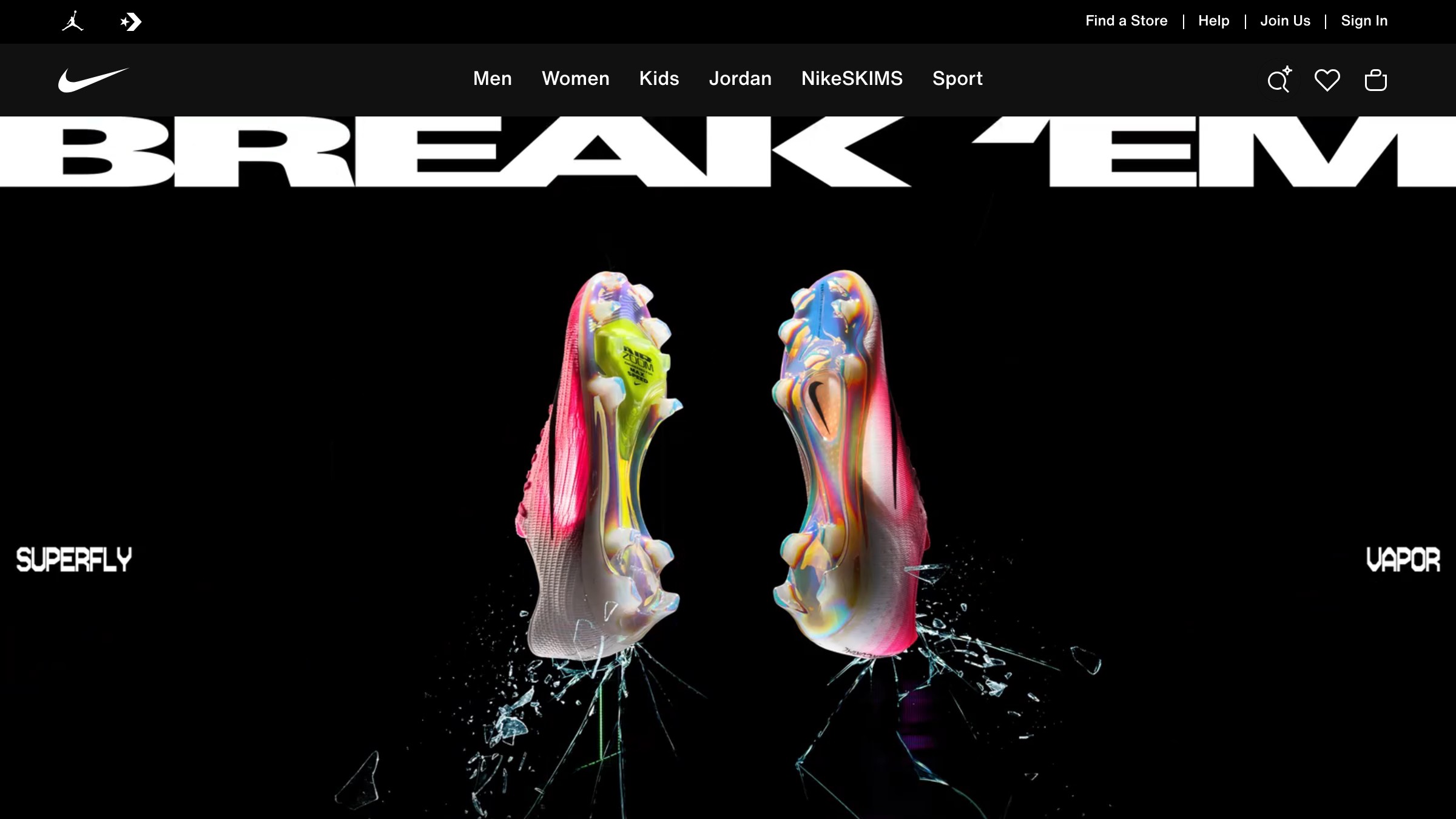 Nike homepage using active typography and athlete imagery to commit to the Hero archetype promise.