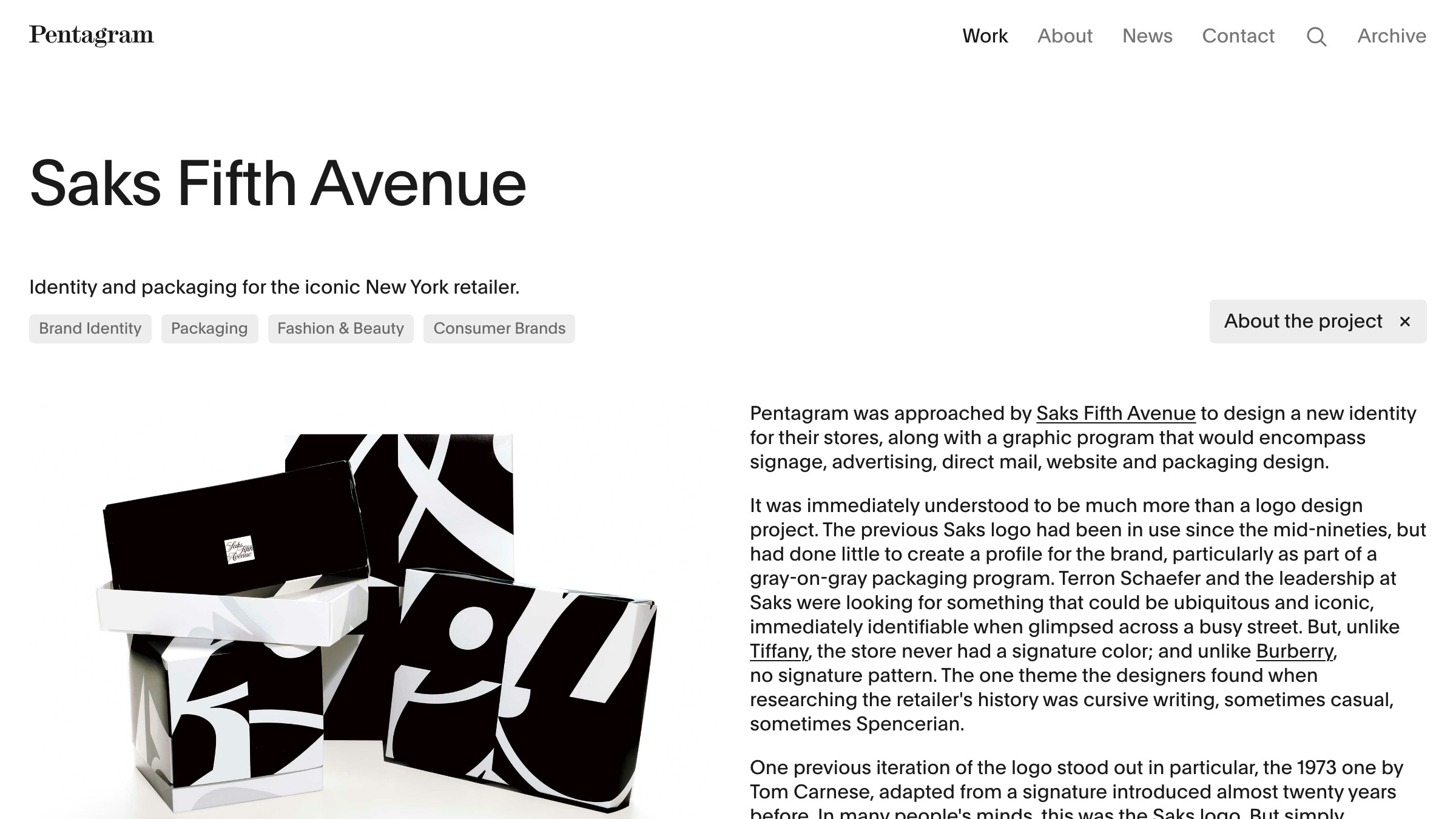 Pentagram's Saks Fifth Avenue case showing a flexible master mark scaled across hundreds of lockup variations.