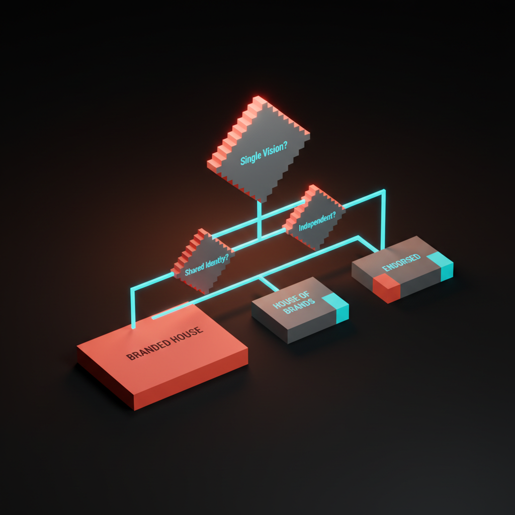 Voxel diagram mapping branded house, house of brands, and endorsed brand architecture models.
