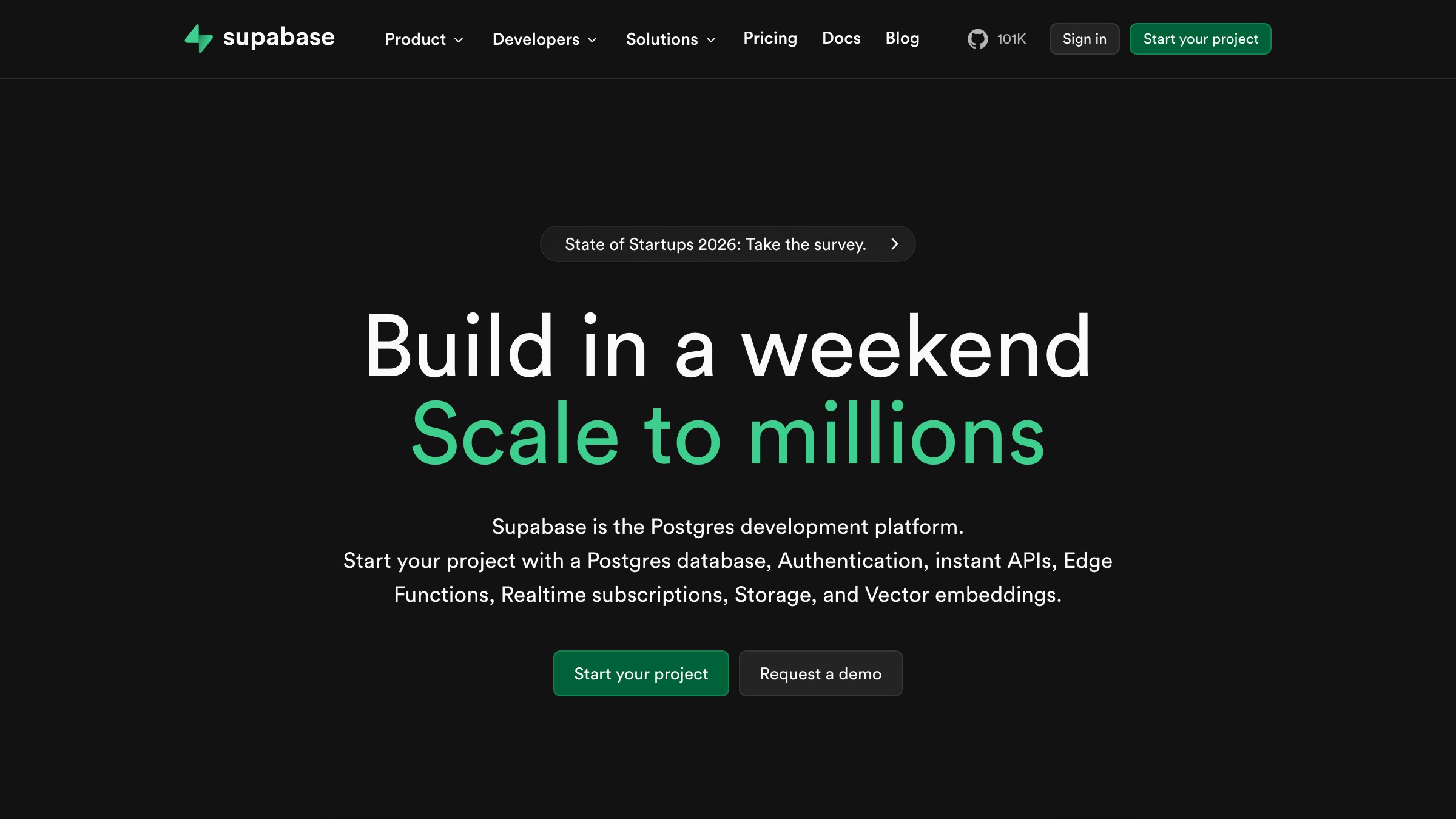 Supabase 首页：近乎单色的深色背景，仅在行动号召按钮和品牌标识上点缀以翠绿色。绿色仅用于此目的，别无其他。