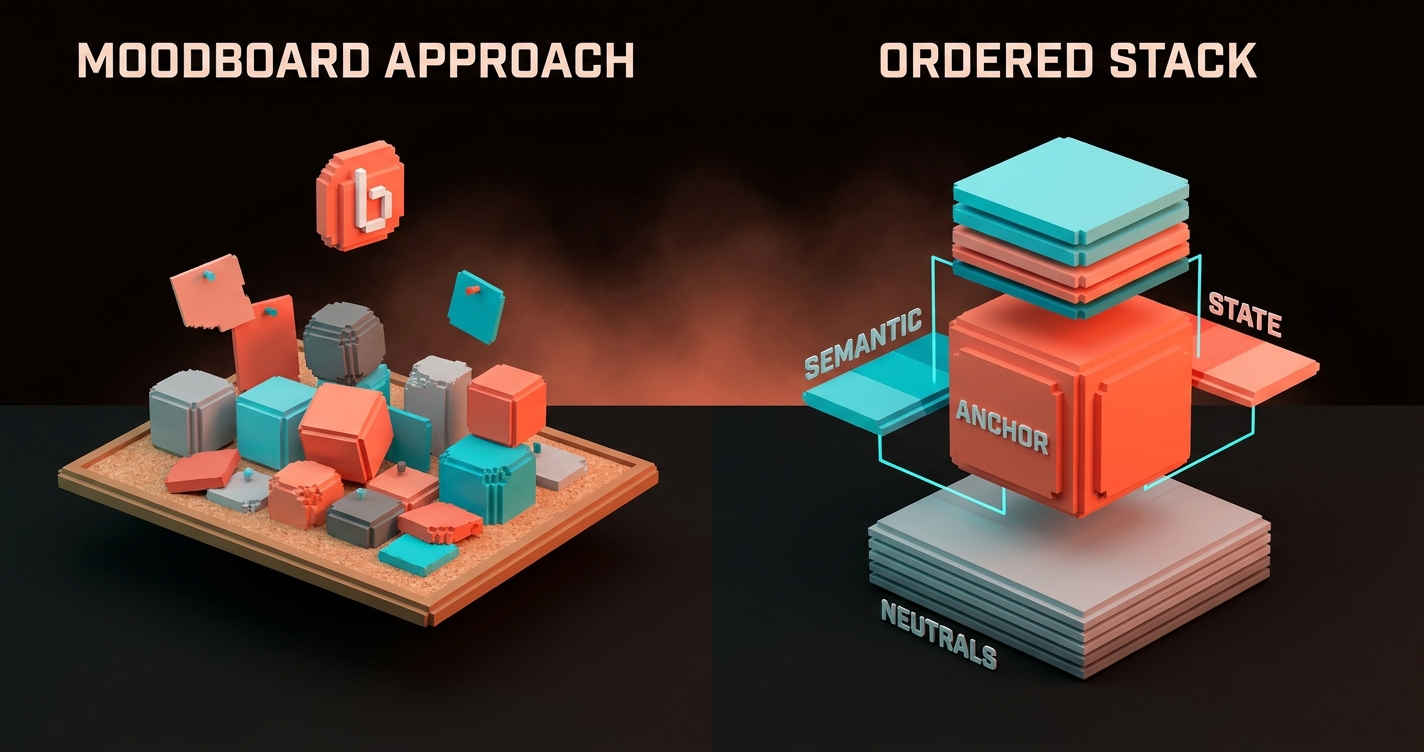 Voxel comparison of two palette builds: left, a loose moodboard-style collage with swatches pinned in no order and the logo floating above; right, a clean stacked build where neutrals are poured first, then the anchor, then semantic and state layers snap into place