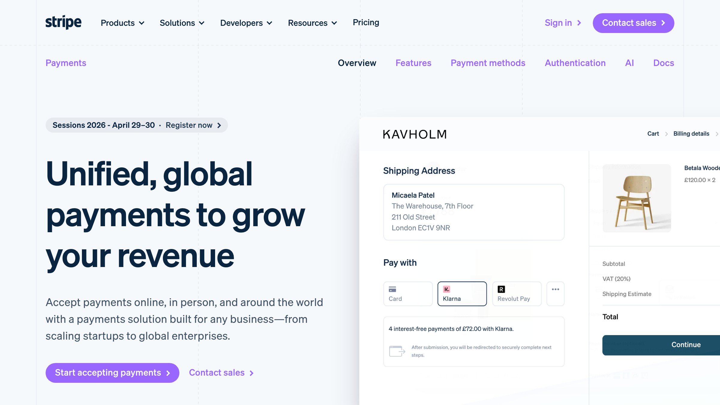 Stripe Payments page showing a clean near-white surface with crisp black headline, a single restrained purple anchor used on navigation, links, and call-to-action buttons, and a neutral product mockup of a checkout flow