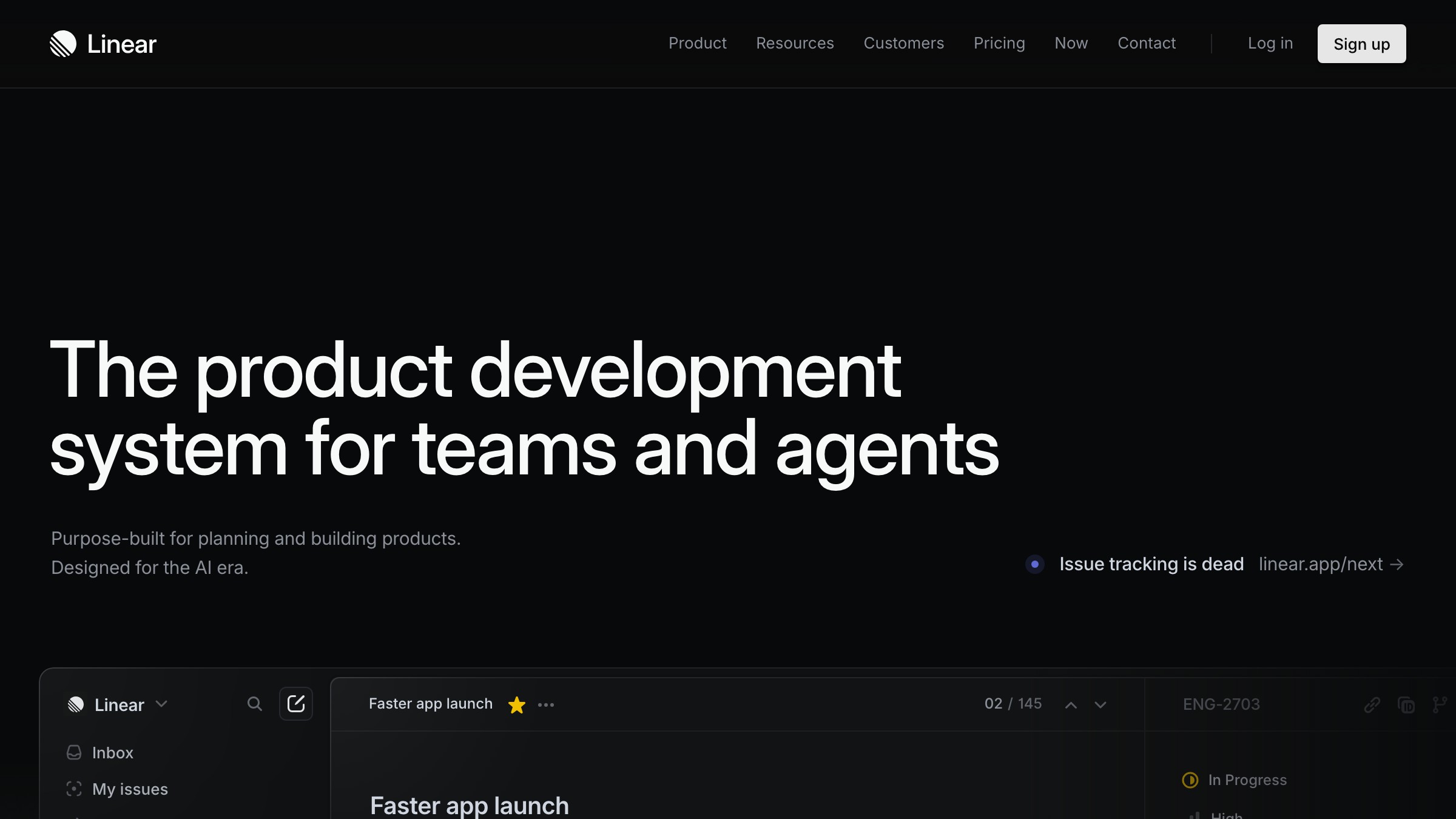 Linear homepage showing a deep dark-neutral surface with a single bright purple anchor used on brand elements and CTAs, layered dark gray surfaces for elevation, and muted neutral text across the interface