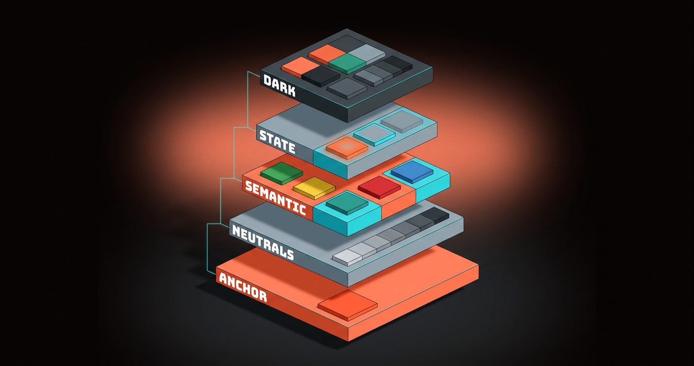 Voxel diagram of the five palette layers stacked as distinct plates: anchor on top, neutrals below it, then semantic, state, and dark variants at the base, each plate filled with voxel swatches in the relevant role colors