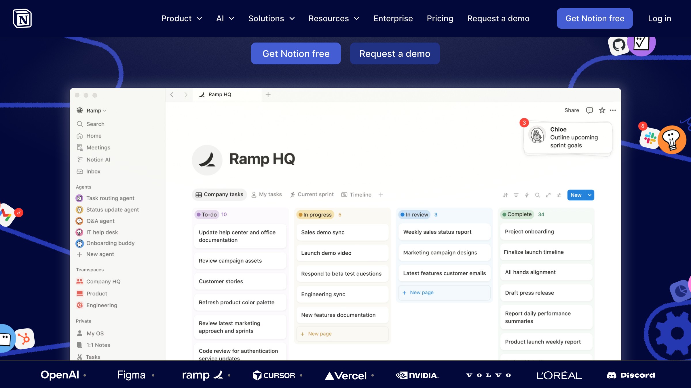 Notion product page showing a deep navy hero band, a full near-white product surface with black text, and semantic status color chips in a kanban board below