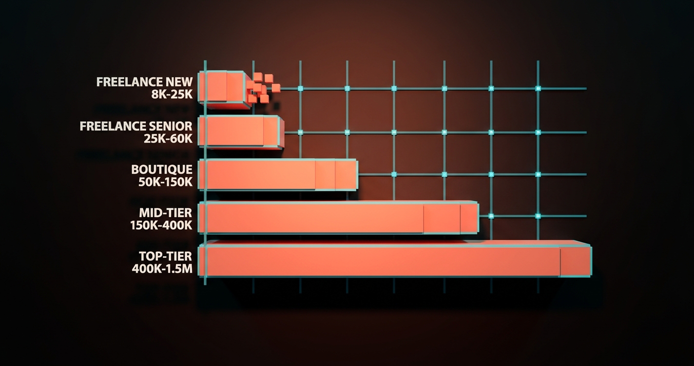 A voxel pricing chart: five horizontal bars of increasing length, each labeled with a market tier (Freelance-new, Freelance-senior, Boutique, Mid-tier, Top-tier), with a small clear price range on each bar. Dark Brainy studio background, cyan accent on the active range. Clean and diagrammatic.