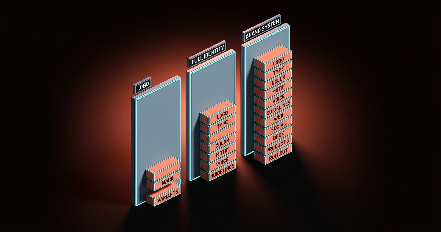 A voxel comparison diagram: three tall panels side by side labeled LOGO, FULL IDENTITY, and BRAND SYSTEM, each stacked with small labeled blocks indicating deliverables (mark, variants, typography, color palette, motif, voice, guidelines, applications, rollout). The LOGO panel has two blocks, FULL IDENTITY has six, BRAND SYSTEM has eleven. Clean schematic, cyan outlines, dark background.