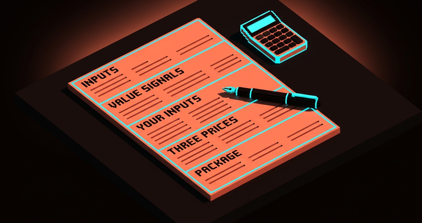A voxel worksheet laid flat on a dark studio surface with five clearly visible sections stacked vertically, each with short lines representing fields. A pen lying diagonally across the sheet. Labels visible in small text: INPUTS, VALUE SIGNALS, YOUR INPUTS, THREE PRICES, PACKAGE. Clean schematic rendering, cyan accent lines.