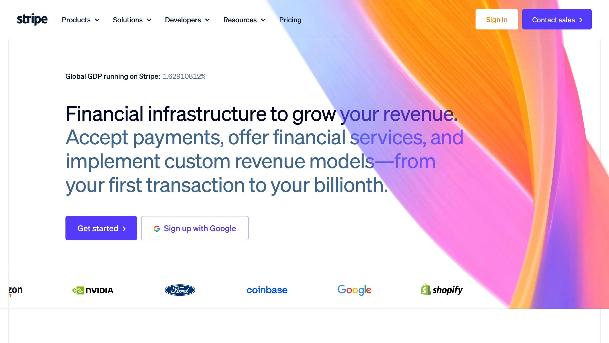 Stripe homepage showing the signature gradient system and brand precision