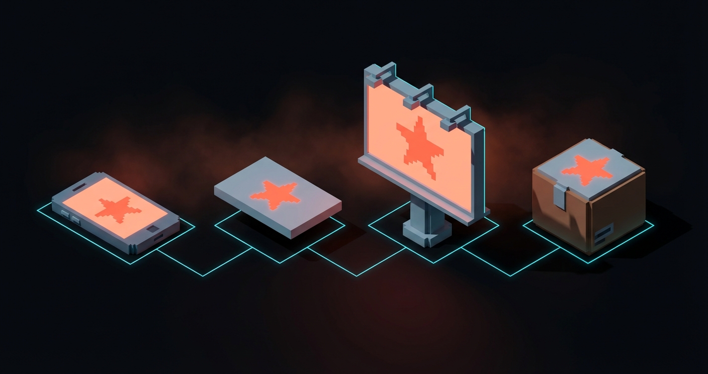 Brand consistency: the same coral mark applied across a phone, a card, a billboard, and a package