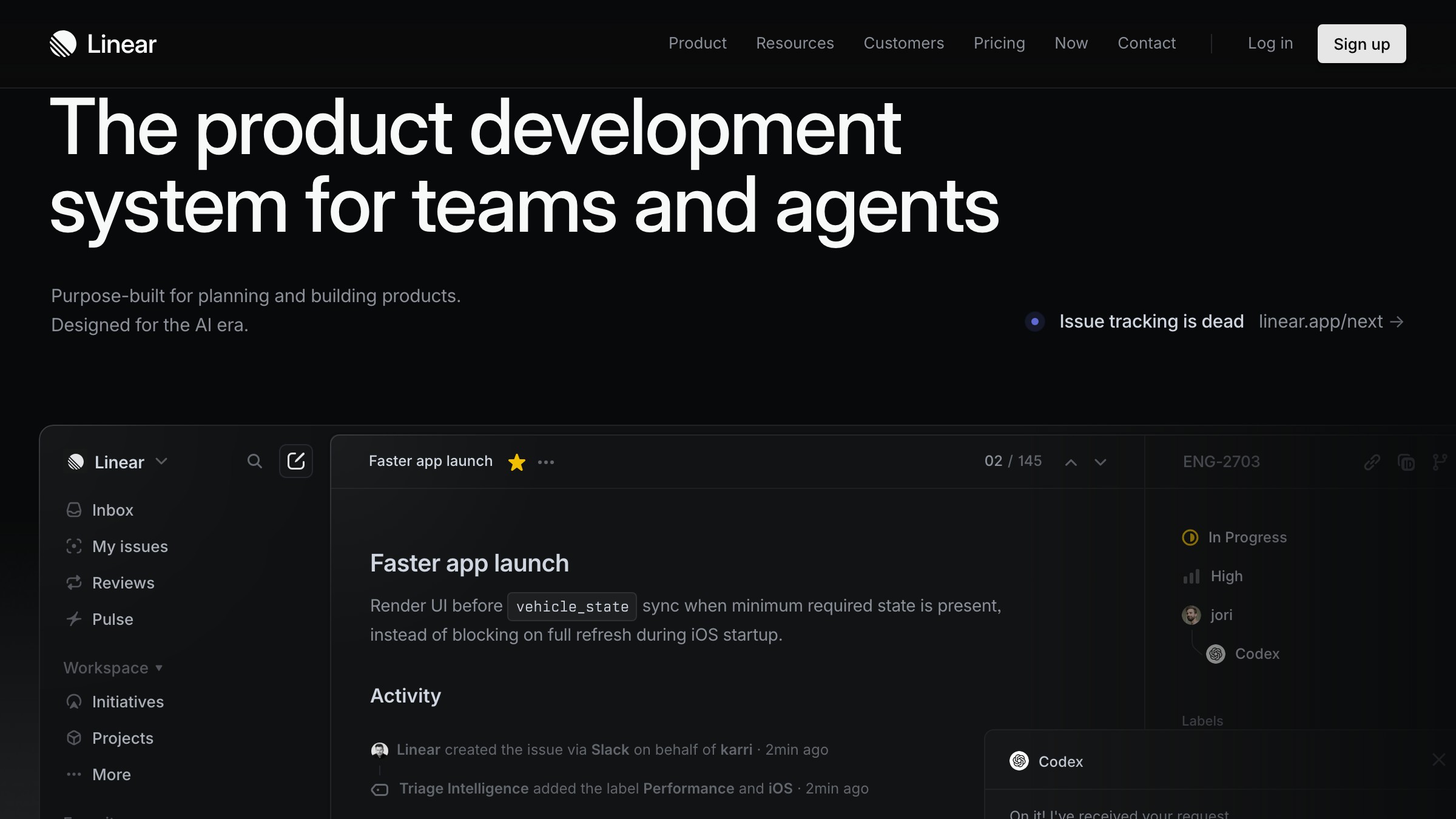 Linear product interface showing the dark brand system