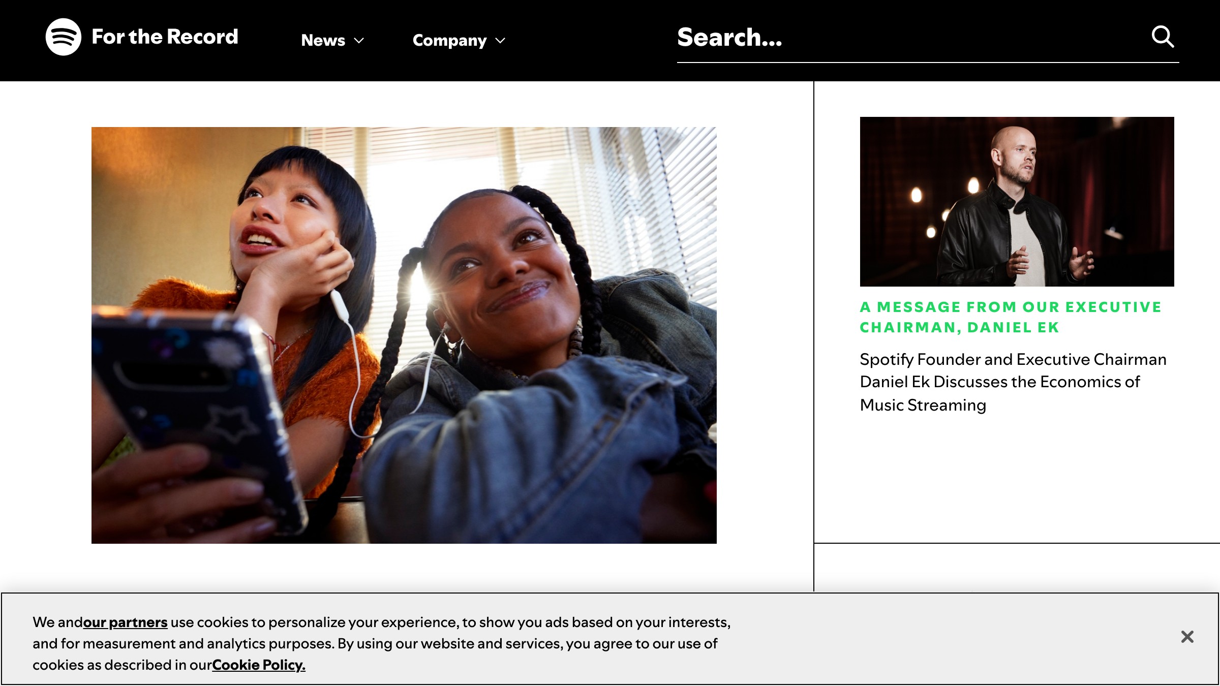 Spotify For the Record page showing the brand in editorial context