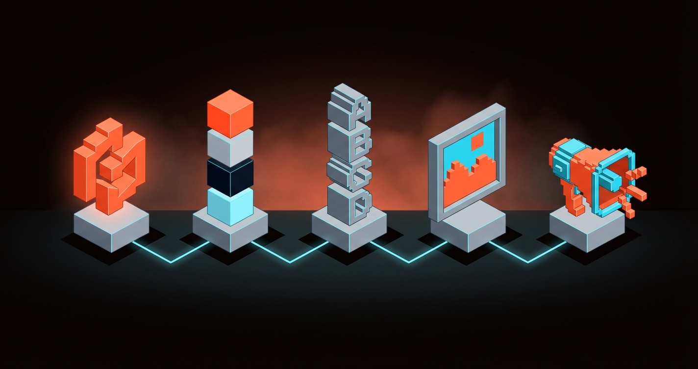 The five building blocks of a brand identity: logo, color, typography, imagery, and voice