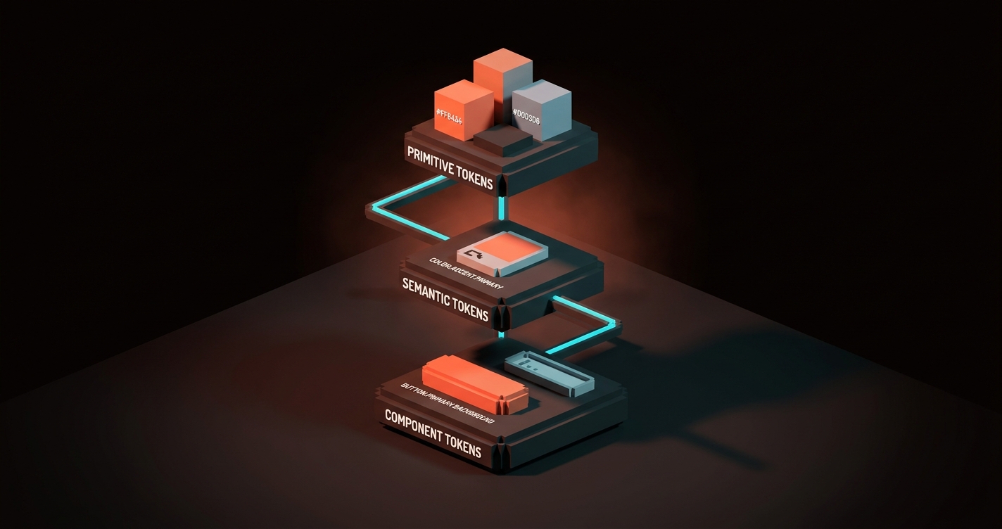 A voxel tree diagram showing design tokens in three layers: primitive tokens at the bottom (raw values), semantic tokens in the middle (intent-named), and component tokens at the top (usage-named)