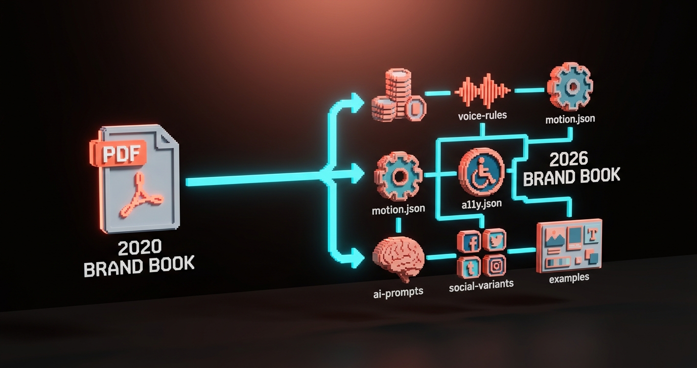 A voxel diagram comparing the 2020 brand book (a single PDF icon) to the 2026 brand book (a network of connected artifacts: tokens, voice rules, motion specs, accessibility rules, AI prompts, social variants, and examples)