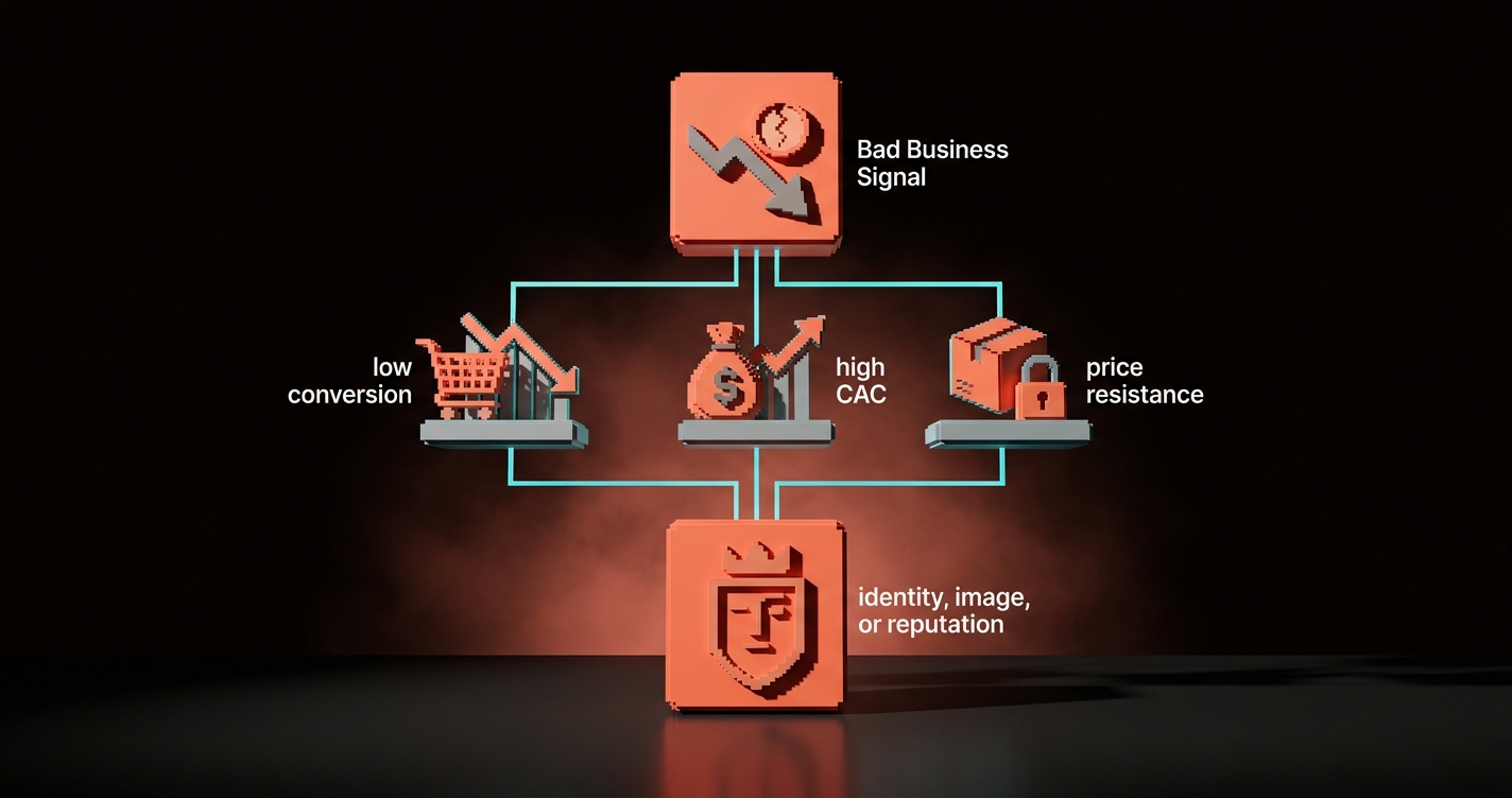 Diagnostic decision tree starting from bad business signal and branching into identity, image, or reputation fixes