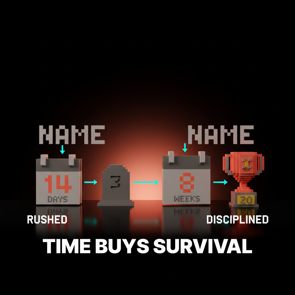 Voxel comparison. Left labeled rushed: a name chosen in two weeks, rebranded in three years. Right labeled disciplined: a name chosen in eight weeks, still standing in twenty
