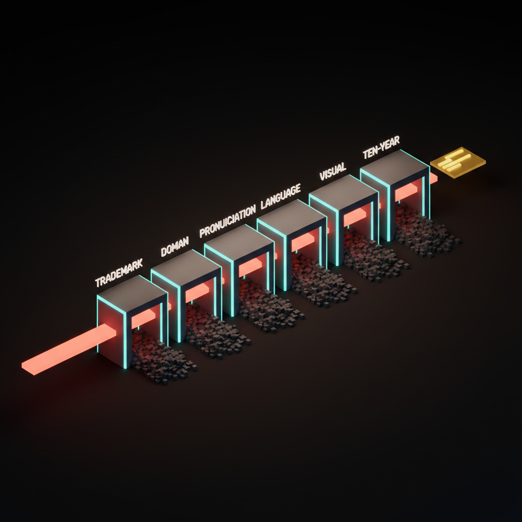 Voxel diagram labeled eight filters: a single name candidate entering a pipeline labeled trademark, domain, social, pronunciation, language, visual, search, ten-year, with most candidates dropping out at each stage