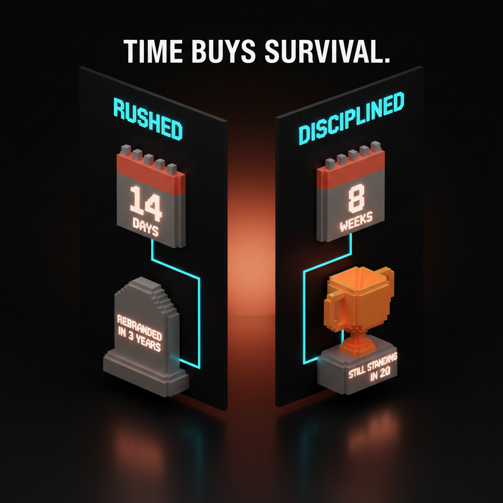 Voxel comparison. Left labeled rushed: a name chosen in two weeks, rebranded in three years. Right labeled disciplined: a name chosen in eight weeks, still standing in twenty