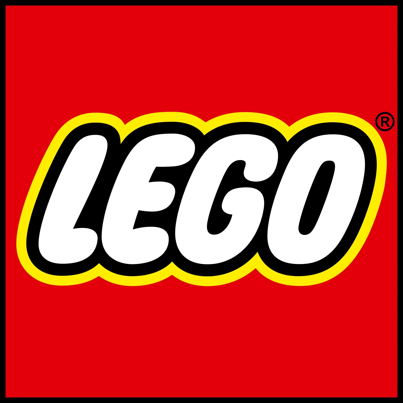 The LEGO logo, white letters outlined in black and yellow on a red square