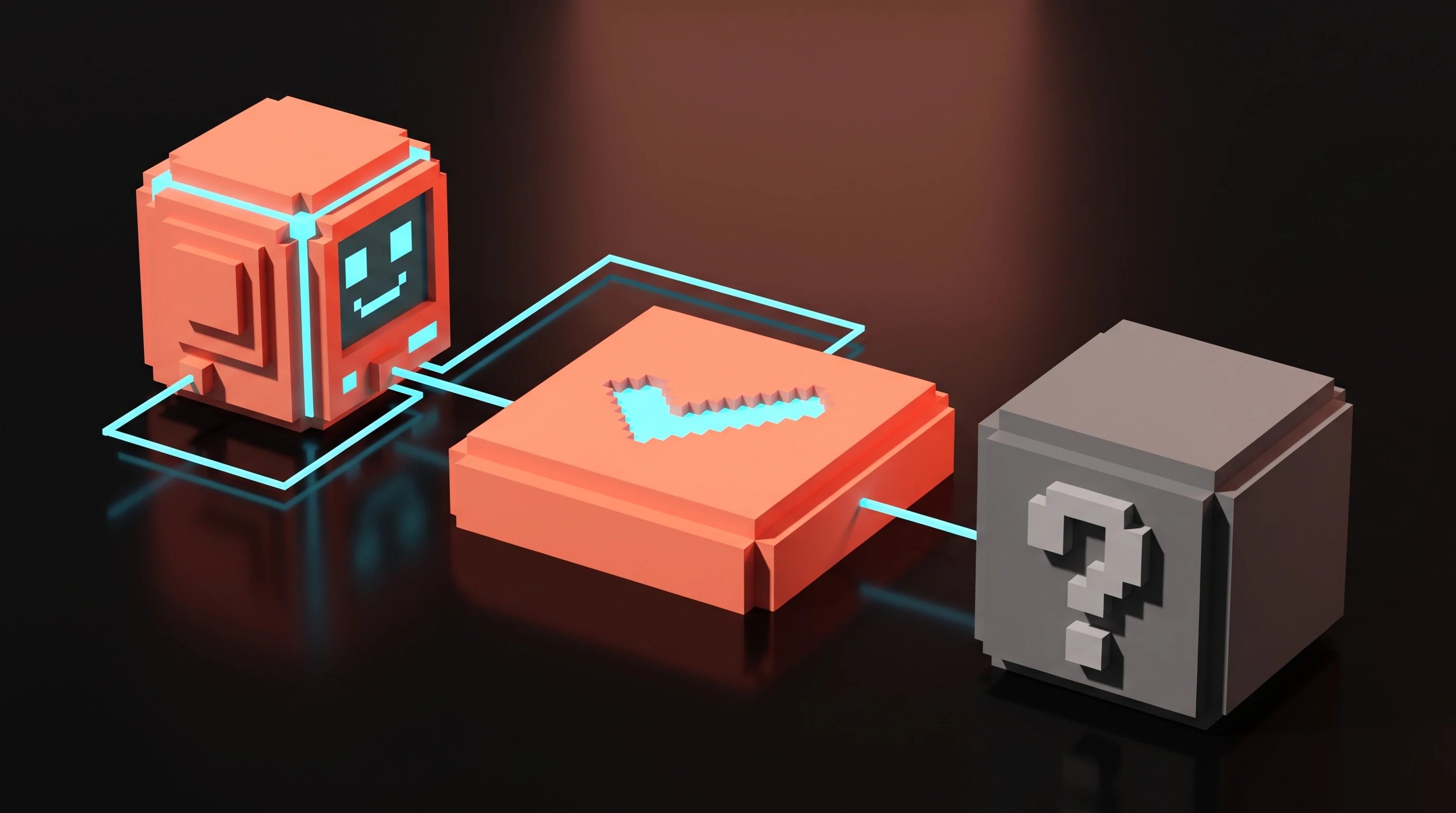 What the engine can and cannot do, in voxels: it stamps a check on the measurable output it can verify, and leaves the ornate piece marked with a question mark, the matter of taste only a human can settle.