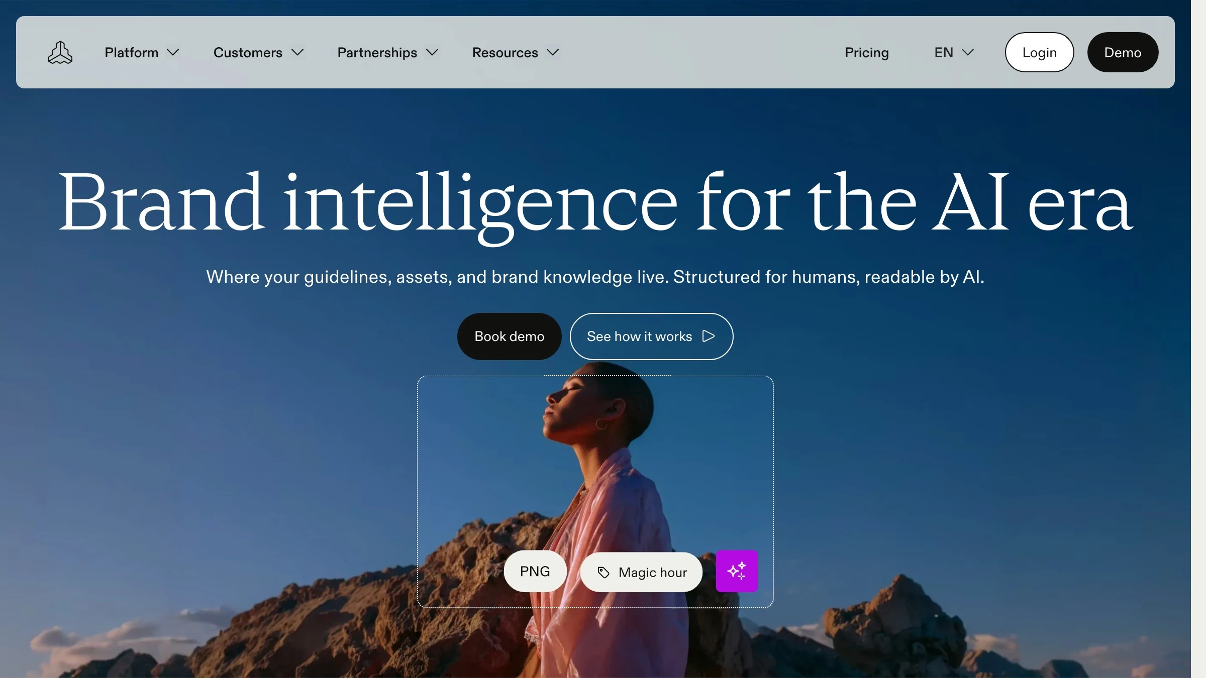 Frontify's site, "Brand intelligence for the AI era, structured for humans, readable by AI," the platform that turns brand guidelines into a form a system can pull.