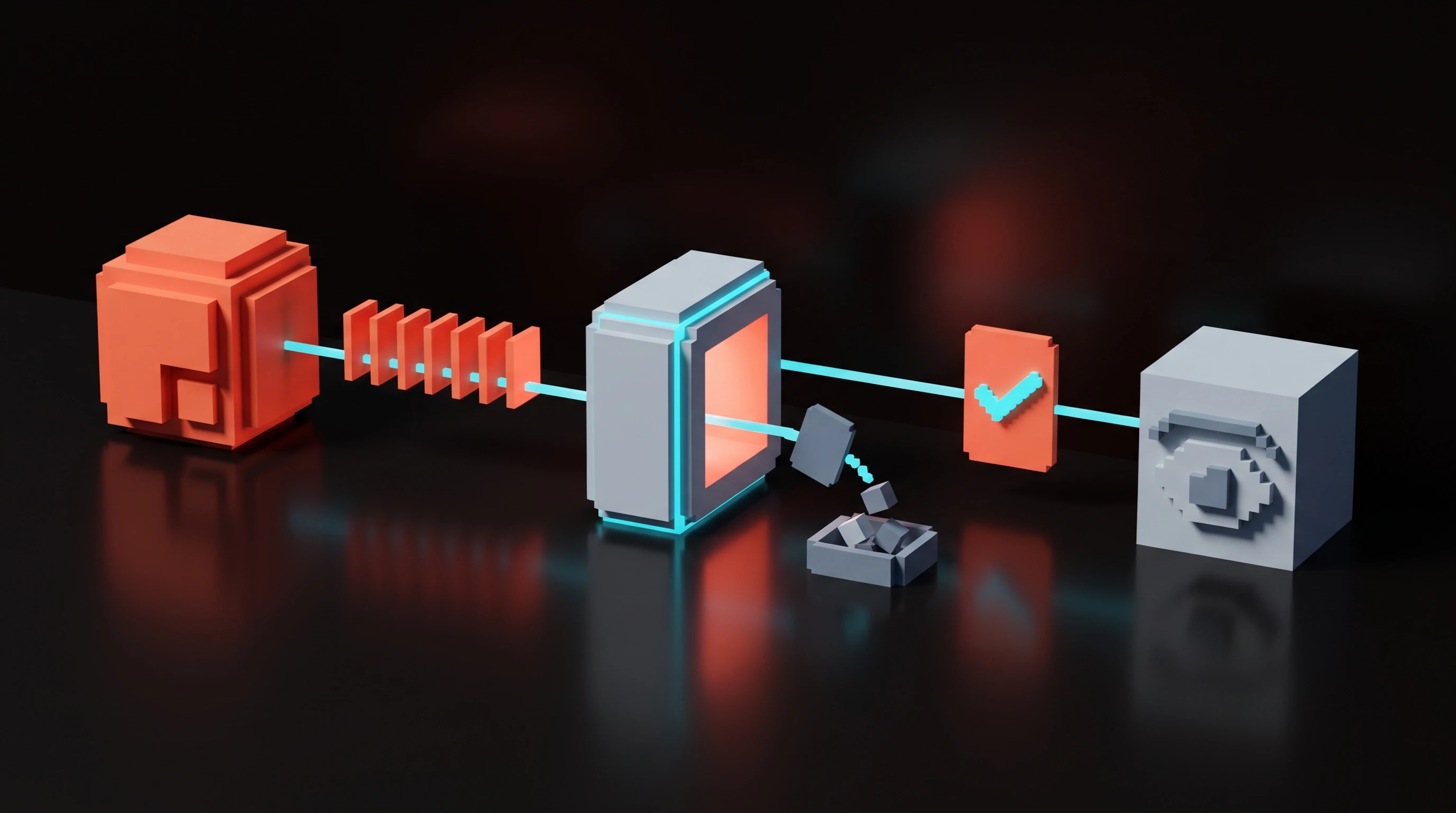 The propose, reject, approve loop as a voxel diagram: an agent emits output cards, a gate bounces the off-brand one into a reject bin, and only the approved card with a check reaches the human.