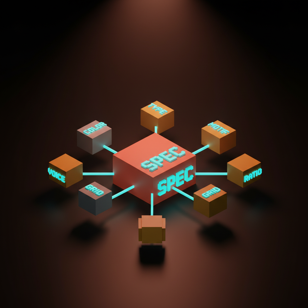 Voxel composition of a central coral SPEC core block surrounded by six smaller cyan and amber satellite blocks labeled COLOR TYPE VOICE MOTIF GRID RATIO connected by thin cyan rules on the dark studio floor