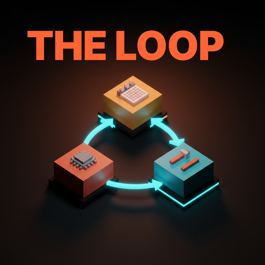 Voxel diagram of a closed loop of three voxel stations in coral amber and cyan on the dark studio floor connected by cyan arrows in a continuous cycle, single-word etched labels GENERATE EVAL TUNE, text overlay reading THE LOOP