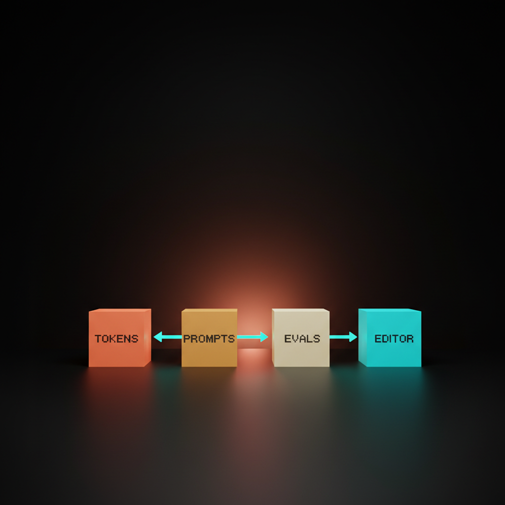 Voxel diagram of four heavy blocks in coral amber cream cyan in a horizontal row on the dark studio floor, single-word etched labels reading TOKENS PROMPTS EVALS EDITOR