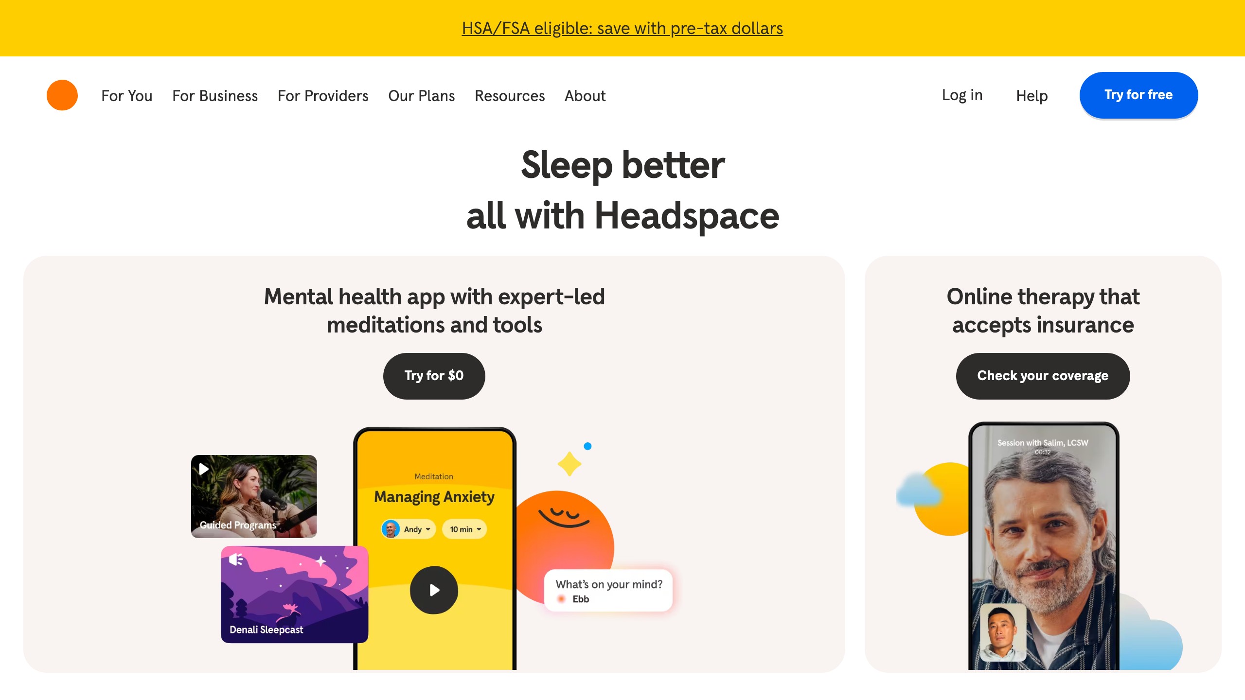 Headspace homepage with the calm-deliberate voice setting the product experience before the app loads.