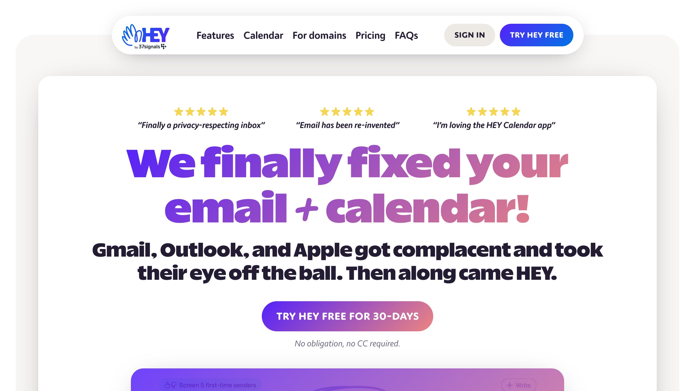 Hey homepage with the opinionated-anti-corporate voice as a positioning weapon.